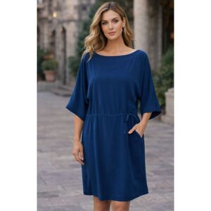 St. John Oversized Navy Tie Drop Waist Blouson Half Sleeve Midi Dress SZ 6